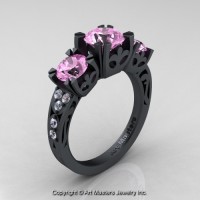 Modern Vintage 14K Flat Black Gold 2.0 Ct Three Stone Light Pink Sapphire Diamond Solitaire Ring R522-14KFBGDLPS