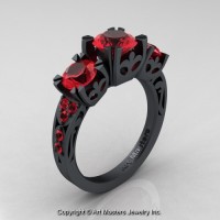 Modern Vintage 14K Flat Black Gold 2.0 Ct Three Stone Rubies Solitaire Ring R522-14KFBGR