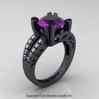 Modern Vintage 14K Flat Black Gold 3.0 Ct Amethyst Diamond Solitaire Ring R102-14KFBGDAM