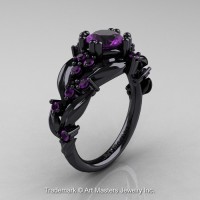 Nature Inspired 14K Black Gold 1.0 Ct Amethyst Leaf and Vine Engagement Ring R340-14KBGAM