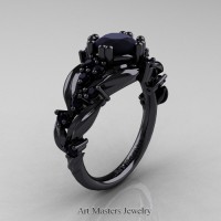 Nature Inspired 14K Black Gold 1.0 Ct Black Diamond Leaf and Vine Engagement Ring R340-14KBGBD