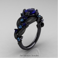 Nature Inspired 14K Black Gold 1.0 Ct Blue Sapphire Blue Topaz Leaf and Vine Engagement Ring R340S-14KBGBTBS