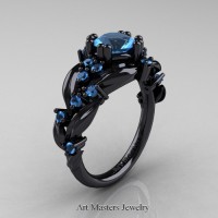 Nature Inspired 14K Black Gold 1.0 Ct Blue Topaz Leaf and Vine Engagement Ring R340-14KBGBT