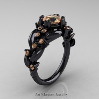 Nature Inspired 14K Black Gold 1.0 Ct Champagne Diamond Leaf and Vine Engagement Ring R340-14KBGCHD