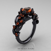 Nature Inspired 14K Black Gold 1.0 Ct Orange Sapphire Leaf and Vine Engagement Ring R340-14KBGOS