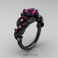 Nature Inspired 14K Black Gold 1.0 Ct Pink and Light Pink Sapphire Leaf and Vine Engagement Ring R340S-14KBGLPSPS