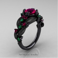 Nature Inspired 14K Black Gold 1.0 Ct Rose Ruby Emerald Leaf and Vine Engagement Ring R340S-14KBGEMRR