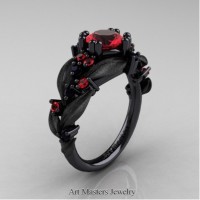 Nature Inspired 14K Black Gold 1.0 Ct Ruby Black Diamond Leaf and Vine Engagement Ring R340S-14KBGBDR