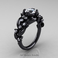 Nature Inspired 14K Black Gold 1.0 Ct White Sapphire Leaf and Vine Engagement Ring R340-14KBGWS