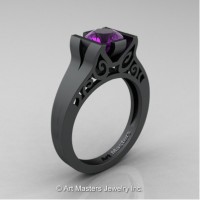 Modern Art Deco 14K Matte Black Gold 1.0 Ct Amethyst Engagement Ring R36N-14KMBGAM
