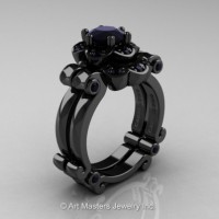 Caravaggio 14K Black Gold 1.0 Ct Black Diamond Engagement Ring Wedding Band Set R606S-14KBGBD