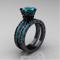 Classic Armenian 14K Black Gold 1.0 Ct Blue Zircon Engagement Ring Wedding Band Bridal Set AR140S-14KBGBZ