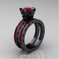 Classic Armenian 14K Black Gold 1.0 Ct Rubies Engagement Ring Wedding Band Bridal Set AR140S-14KBGR