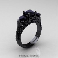 Classic 14K Black Gold Three Stone Black Diamond Designer Solitaire Ring R200-14KBGBD