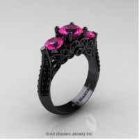 Classic 14K Black Gold Three Stone Pink Sapphire Black Diamond Designer Solitaire Ring R200-14KBGBDPS