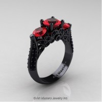 Classic 14K Black Gold Three Stone Ruby Black Diamond Designer Solitaire Ring R200-14KBGBDR