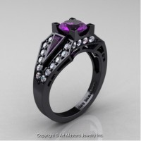 Classic Edwardian 14K Black Gold 1.0 Ct Amethyst Diamond Engagement Ring R285-14KBGDAM