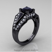 Classic Edwardian 14K Black Gold 1.0 Ct Black and White Diamond Engagement Ring R285-14KBGDBD