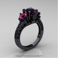 Classic French 14K Black Gold Three Stone 2.0 Ct Black Diamond Pink Sapphire Solitaire Ring R421-14KBGPSBDD