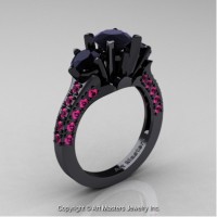 Classic French 14K Black Gold Three Stone 2.0 Ct Black Diamond Pink Sapphire Solitaire Ring R421-14KBGPSBD