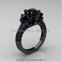 Classic French 14K Black Gold Three Stone 2.0 Ct Black Diamond Solitaire Ring R421-14KBGBD