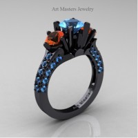 Classic French 14K Black Gold Three Stone 2.0 Ct Blue Topaz Orange Sapphire Solitaire Ring R421-14KBGOSBT