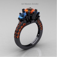 Classic French 14K Black Gold Three Stone 2.0 Ct Orange Sapphire Blue Topaz Solitaire Ring R421-14KBGBTOS
