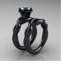 Faegheh Modern Classic 14K Black Gold 1.0 Ct Aquamarine Engagement Ring Wedding Band Set R290S-14KBGAQ