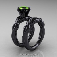 Faegheh Modern Classic 14K Black Gold 1.0 Ct Peridot Engagement Ring Wedding Band Set R290S-14KBGP