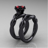 Faegheh Modern Classic 14K Black Gold 1.0 Ct Ruby Engagement Ring Wedding Band Set R290S-14KBGR