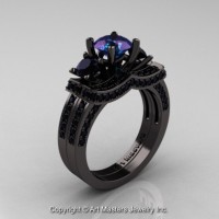 French 14K Black Gold Three Stone Russian Alexandrite Black Diamond Engagement Ring Wedding Band Bridal Set R182S-14KBGBDAL
