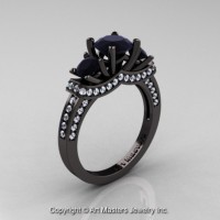 French 14K Black Gold Three Stone Black Maissanite Diamond Engagement Ring R182-14KBGDBM