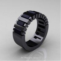 Modern 14K Black Gold Baguette Black Diamond Tank Mens Wedding Ring R395-14KBGBD