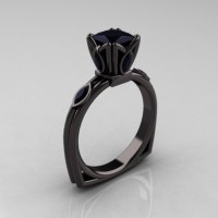 Modern Antique 14K Black Gold 1.20 CT Princess Marquise Black Diamond Solitaire Ring R219-14KBGBD