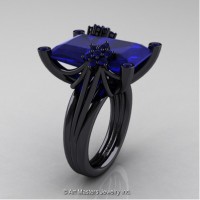 Modern Bridal 14K Black Gold Radiant Cut 15.0 Carat Blue Sapphire Fantasy Cocktail Ring R292-14KBGBS