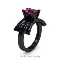 Victorian Inspired 14K Black Gold 1.0 Ct Emerald Cut Pink Sapphire Black Diamond Wedding Ring Engagement Ring R344-14KBGBDPS