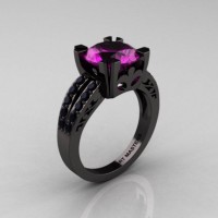 Modern Vintage 14K Black Gold 3.0 Carat Amethyst Black Diamond Solitaire Ring R102-14KBGBDAM