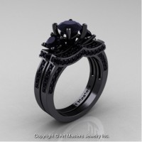 French 14K Black Gold Three Stone Black Diamond Engagement Ring Wedding Band Bridal Set R182S-14KBGBD