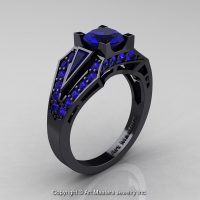 Edwardian 14K Black Gold 1.0 Ct Blue Sapphire Engagement Ring R285-14KBGBS
