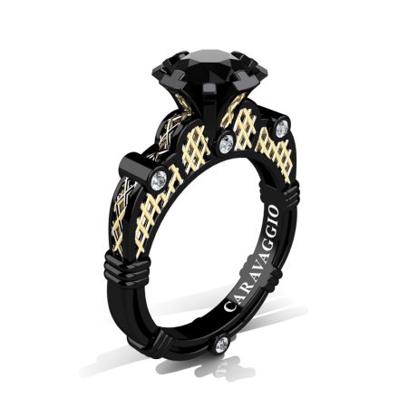 Art-Masters-Caravaggio-14K-Black-Yellow-Gold-1-Carat-Black-and-White-Diamond-Italian-Lattice-Engagement-Ring-R633-14KBYGDBD