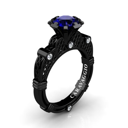 Art-Masters-Caravaggio-Milan-14K-Black-Gold-1-Carat-Blue-Sapphire-Diamond-Italian-Engagement-Ring-R633-14KBGDBS
