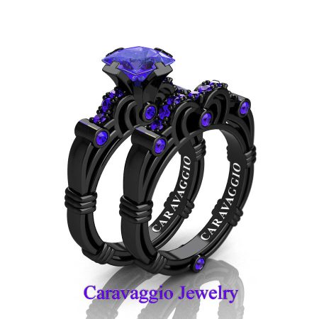 Art-Masters-Caravaggio-14K-Black-Gold-1-25-Carat-Princess-Tanzanite-Engagement-Ring-Wedding-Band-Set-R623PS-14KBGTA-P