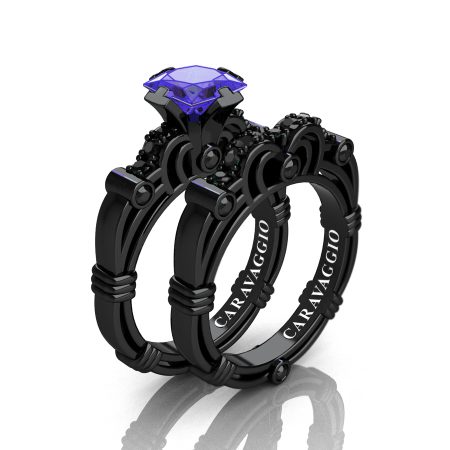 Caravagio-14K-Black-Gold-1-25-Carat-Princess-Tanzanite-Black-Diamond-Engagement-Ring-Wedding-Band-Set-R623PS-14KBGBDT-P