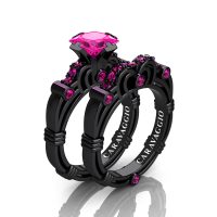 Art Masters Caravaggio 14K Black Gold 1.25 Ct Princess Pink Sapphire Engagement Ring Wedding Band Set R623PS-14KBGPS